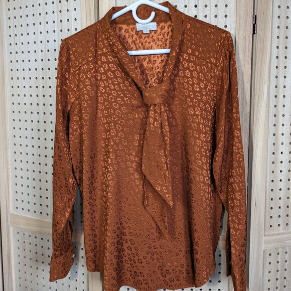 LOFT Women's long sleeve blouse with decorative tie, leopard embossed fabric - Picture 3 of 10